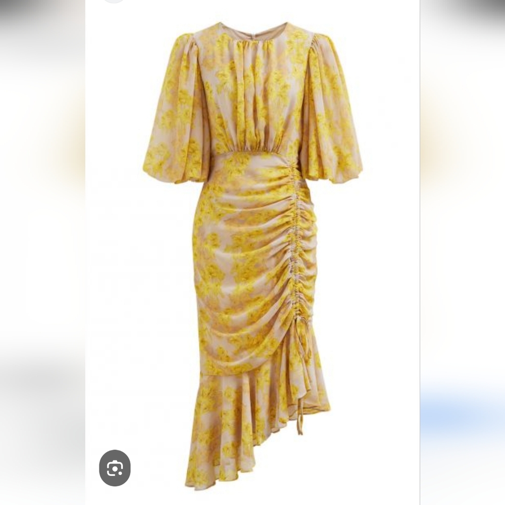 NWT ChicWish Yellow Blossom Drawstring Asymmetric Ruffle Midi Dress - Picture 2 of 7